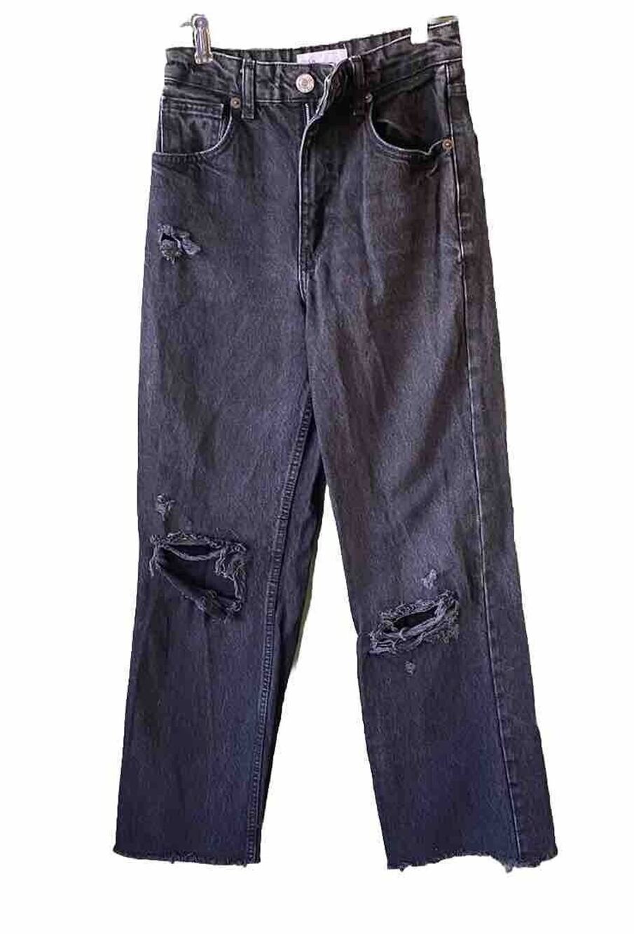 Zara Jeans Womens Sz 2 High Rise Black Wide Leg Raw Hem Thrash Grunge Punk Denim